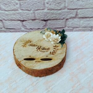porta anillos tipo culumpio vintage, boda campestre, boda romantica, personalizado, rodaja de madera para anillos de boda