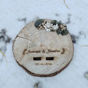porta anillos tipo culumpio vintage, boda campestre, boda romantica, personalizado, rodaja de madera para anillos de boda