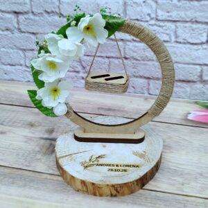 porta anillos tipo culumpio vintage, boda campestre, boda romantica, personalizado, rodaja de madera para anillos de boda