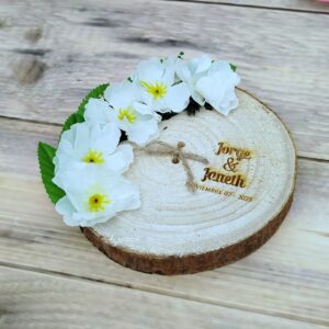 porta anillos tipo culumpio vintage, boda campestre, boda romantica, personalizado, rodaja de madera para anillos de boda