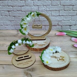 porta anillos tipo culumpio vintage, boda campestre, boda romantica, personalizado, rodaja de madera para anillos de boda