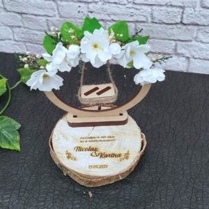 porta anillos tipo culumpio vintage, boda campestre, boda romantica, personalizado, rodaja de madera para anillos de boda
