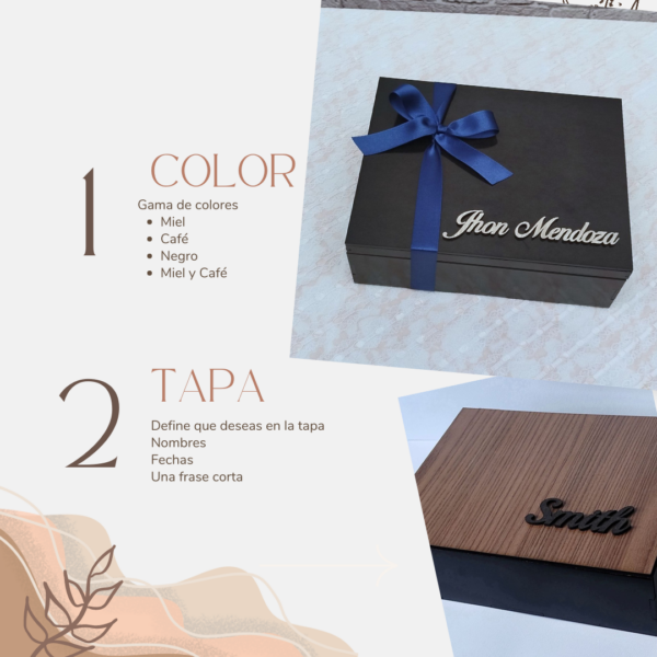 Caja para el reloj de compromiso para el novio personalizado, frases, colores y estilo