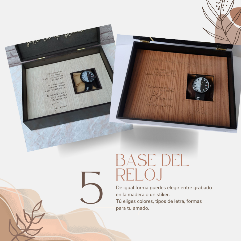 Caja para el reloj de compromiso para el novio personalizado, frases, colores y estilo