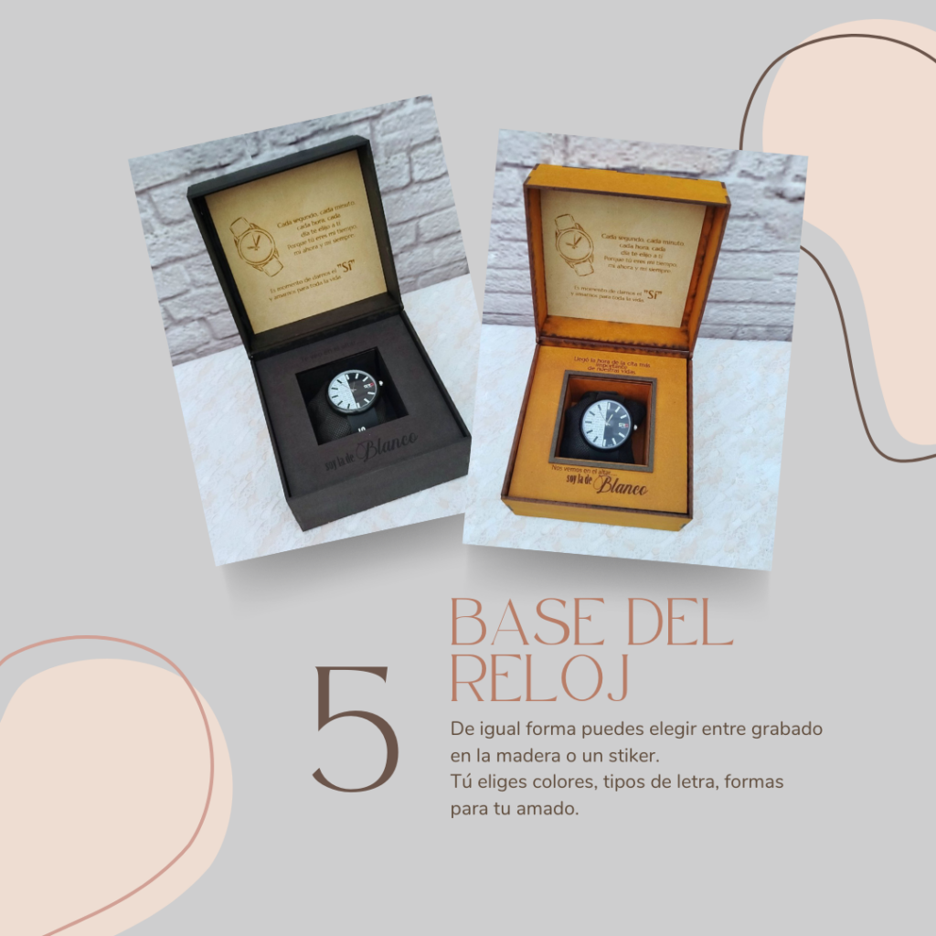 Caja para el reloj de compromiso para el novio personalizado, frases, colores y estilo