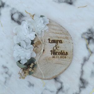 porta anillos en rodaja personalizado, anillos de boda