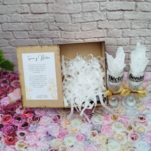 Caja en madera y copas personalizadas detalle para padrinos, damas de honor, padres, ceremonias, recuerdos