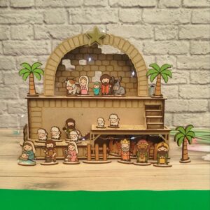 Pesebre decorativo en madera con personajes, para armar, luz led de obsequio
